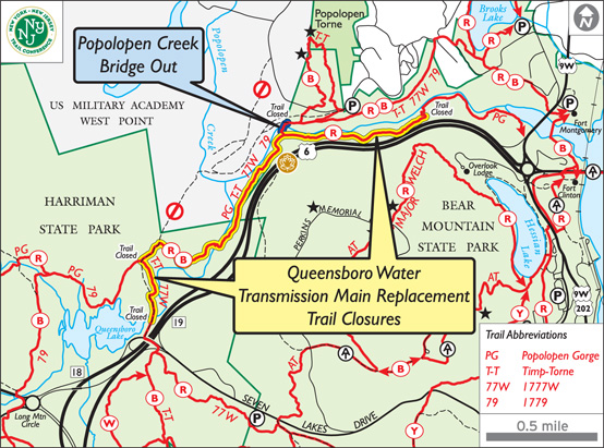 Map of Popolopen Gorge trail closures